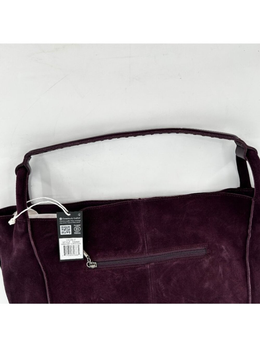 The Sak Los Feliz Tote Aubergine Suede Snap Shoulder Strap Silver Lined Slouchy - Picture 5 of 14